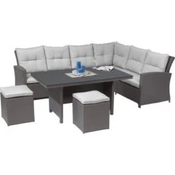 Lounge-Set Mit Esstisch Vermont 5-teilig Polyrattan Rechts Deep Water Concrete -Garten & Außenbereich 4048124987063 AR01 220818
