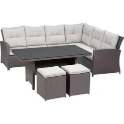 Lounge-Set Mit Esstisch Vermont 5-teilig Polyrattan Rechts Deep Water Concrete